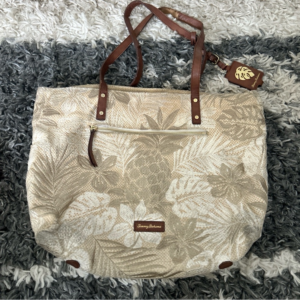 Vintage Tommy Bahama Palm Tree Tropical Print & Leather Trim Shoulder Bag 18x13